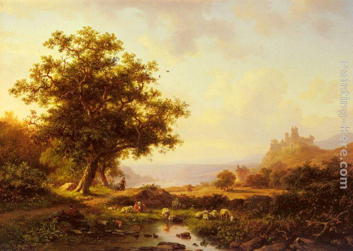 Frederik Marianus Kruseman An Extensive River Landscape With A Castle On A Hill Beyond